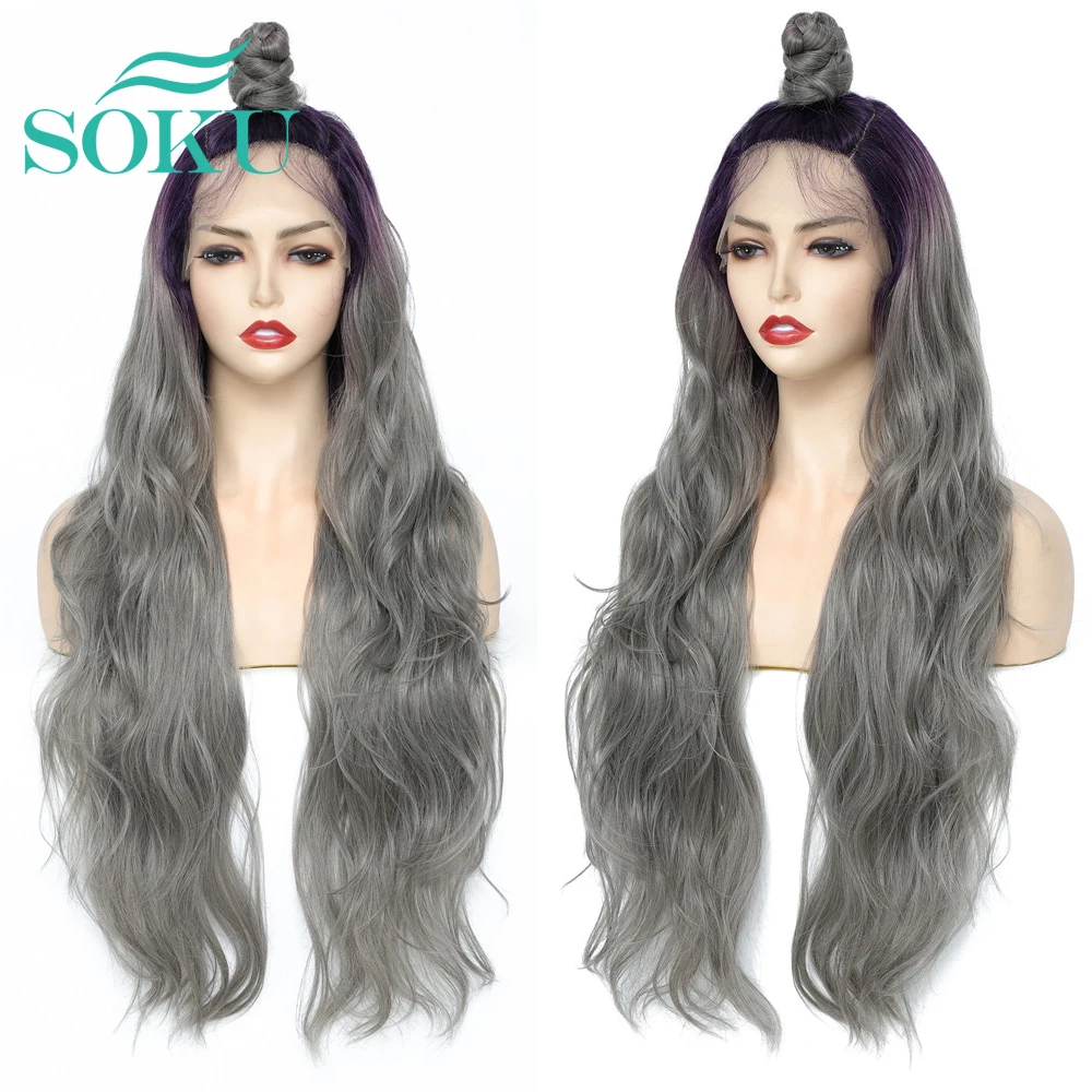 

Ombre Purple Lace Front Wig Natural Wavy Moon Part With Baby Hair For Black Women Natural Hairline Wigs SOKU Synthetic Lace Wig