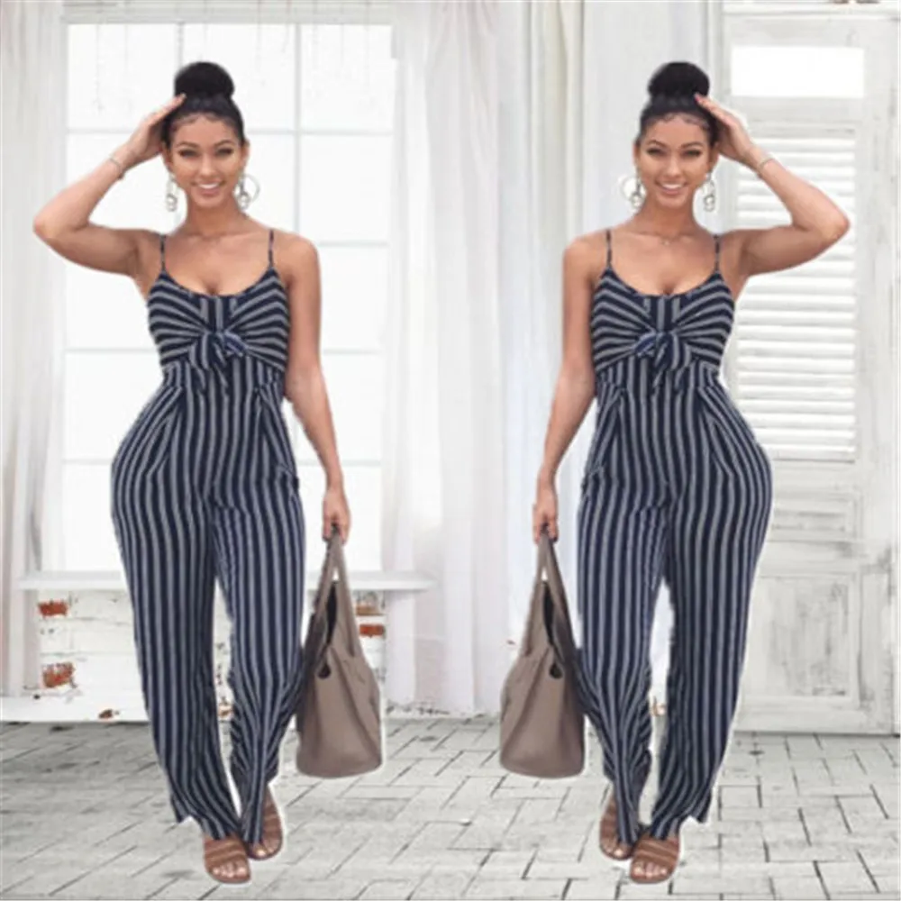 

Ladies Women Striped Bow Clubwear Playsuit Bodysuit Party Overall Jumpsuit Strappy Romper Sleeveless Long Trousers 2020 Newest