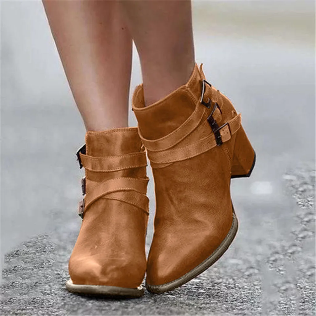 Модные женские зимние ботинки размера плюс кожаные с квадратным каблуком и