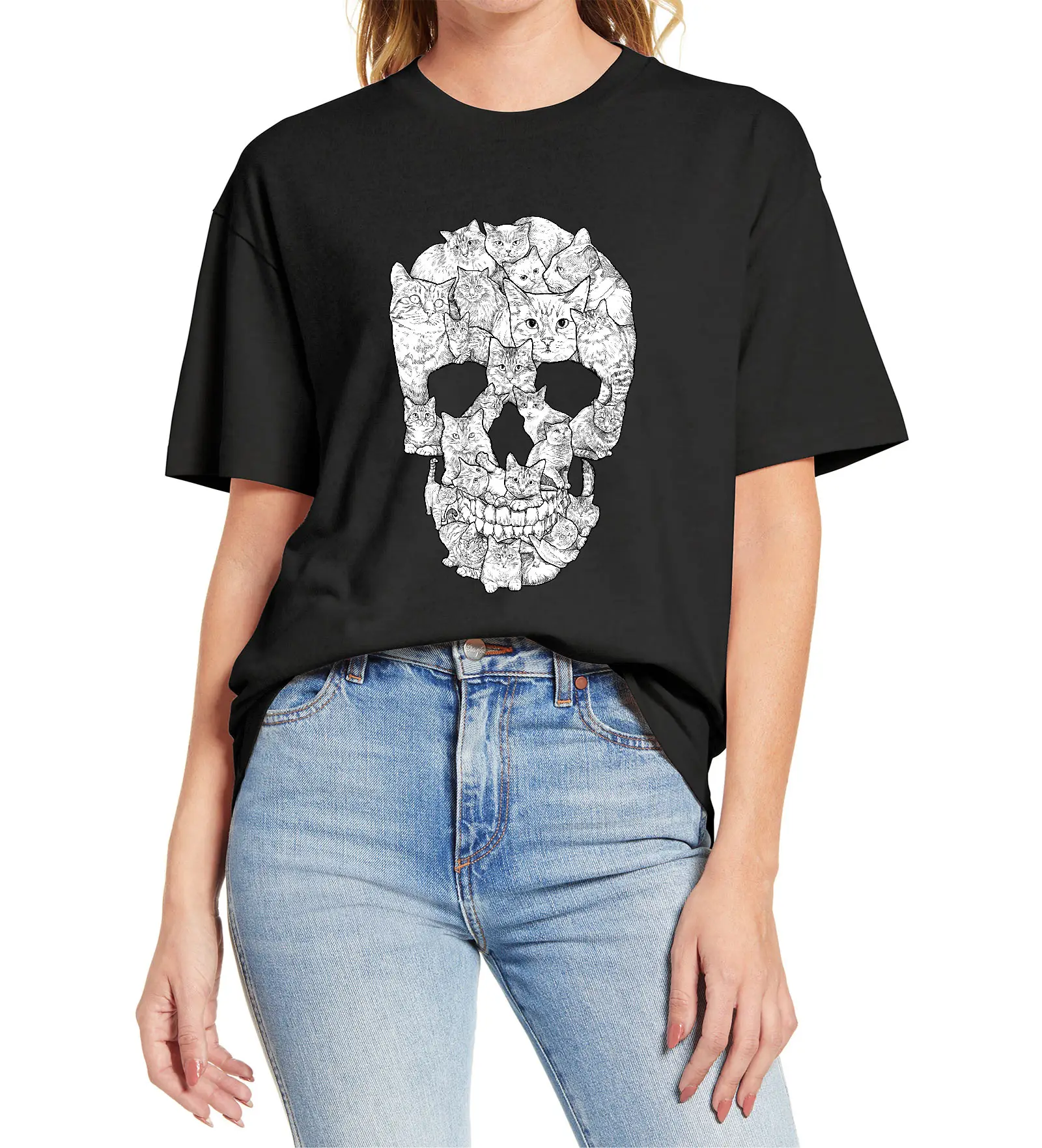 

Cat Skull Design Horror Skull Funny Unisex T Shirt Halloween Women's Short Sleeve Men Terror T-Shirt Comfortable Cotton Tops