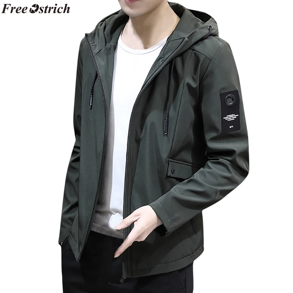 Бесплатная Страусиная мужская куртка 2019 на молнии с длинным рукавом капюшоном