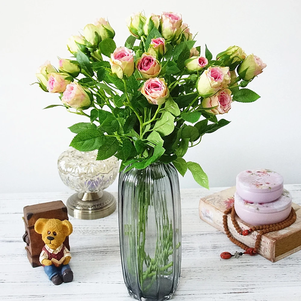 

4 Heads Artificial Flowers Long Stem Wedding Decoration Rose Fake Flowers Plastic Branches With Leaves Home Hotel Decor