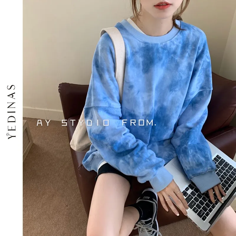 

Yedinas Women's Tie Dye Sweatshirts Oversized O-neck Loose Pullover 2020 New Fahion Winter Tops Fleece Sweaters For Girls Ladies