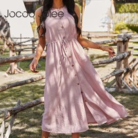 jocoo jolee women summer casual solid buttons beach style dress o neck sashes pleated sleeveless loose basic prairie chic