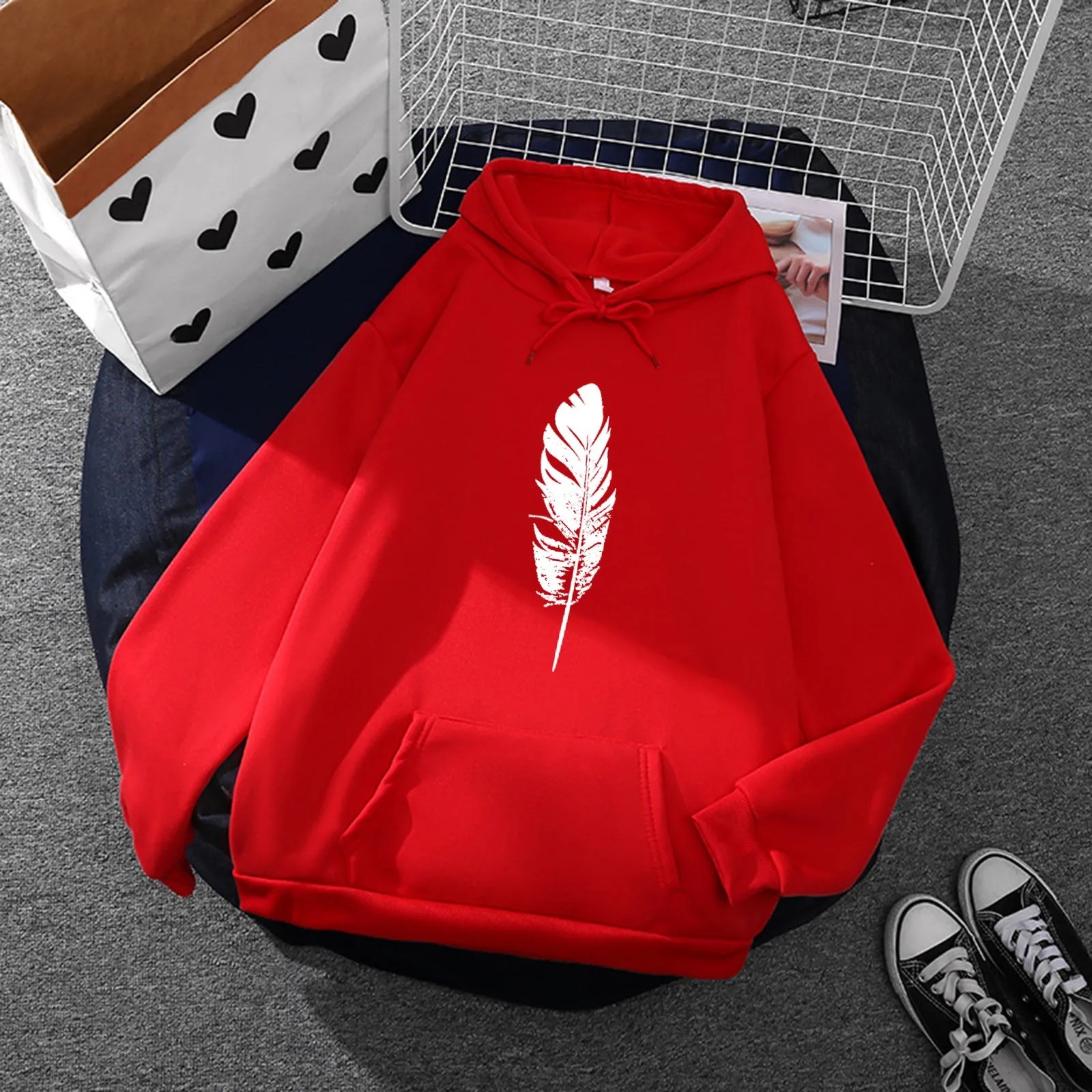 Women Casual Feather Printed Top Long Sleeve Hoodie Loose Hooded Sweatshirt Top With Pocket Streetwear Women Oversized Hoodies