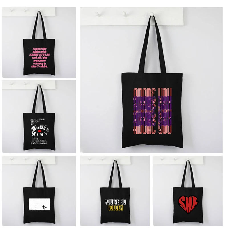 

Vintage Fine Line Print Shopping Bags Girls Fashion Casual Pacakge One Direction Graphic Cartoon Golden Tote Bags