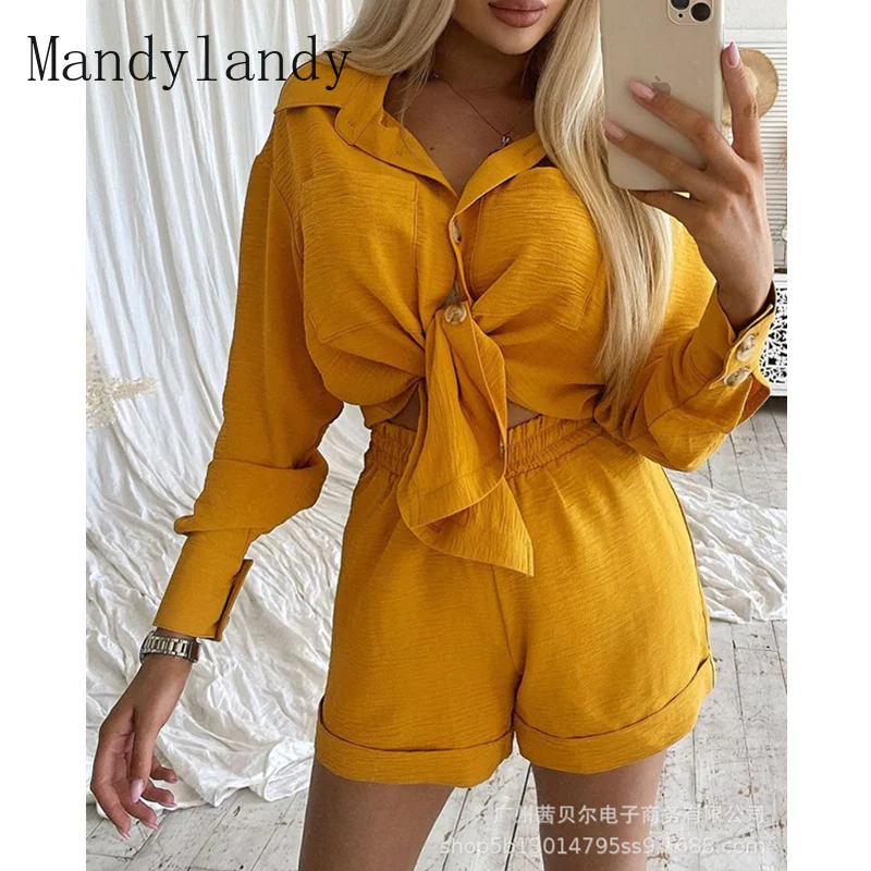 

Женский элегантный спортивный костюм Mandylandy, комплект с шортами, женская модная однобортная рубашка на шнуровке + шорты с эластичным поясом, ...