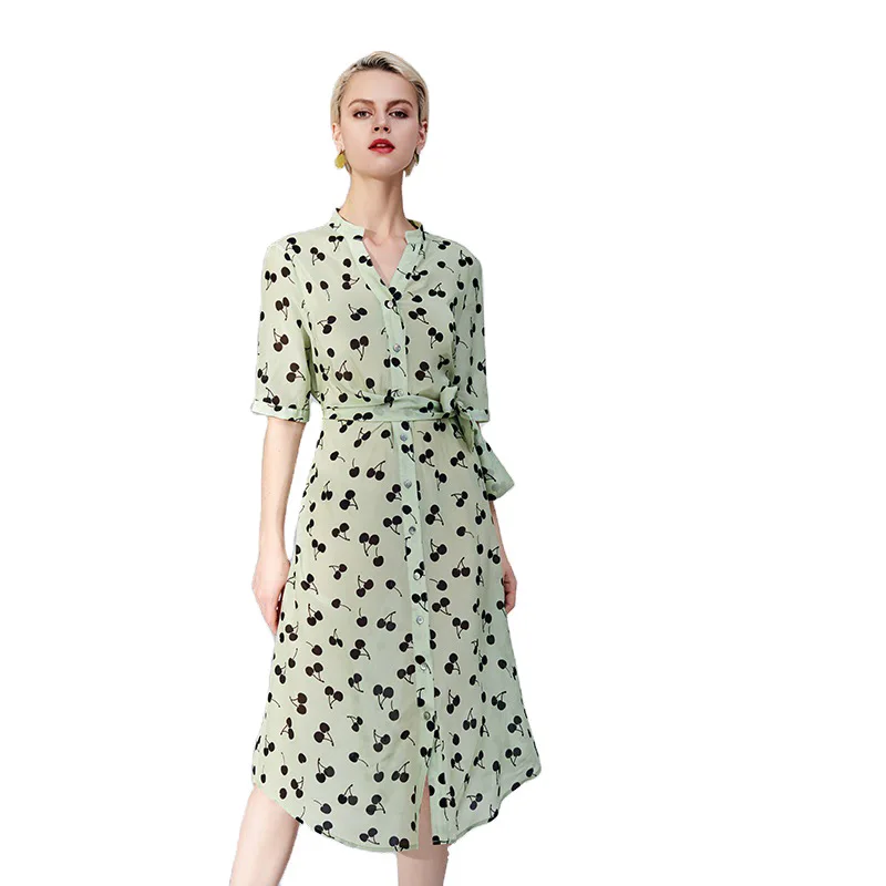 

100% mulberry silk small cherry print dress 2021 early spring new women's dress is thin and heavyweight mulberry silk silk midi