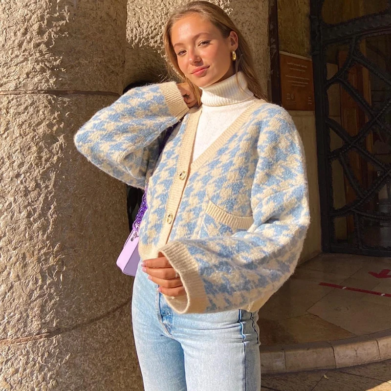 

Vintage Knitted Houndstooth Plaid Print Cardigan Women Autumn V Neck Crop Top Sweater Casual Loose Knitwear Winter Breasted