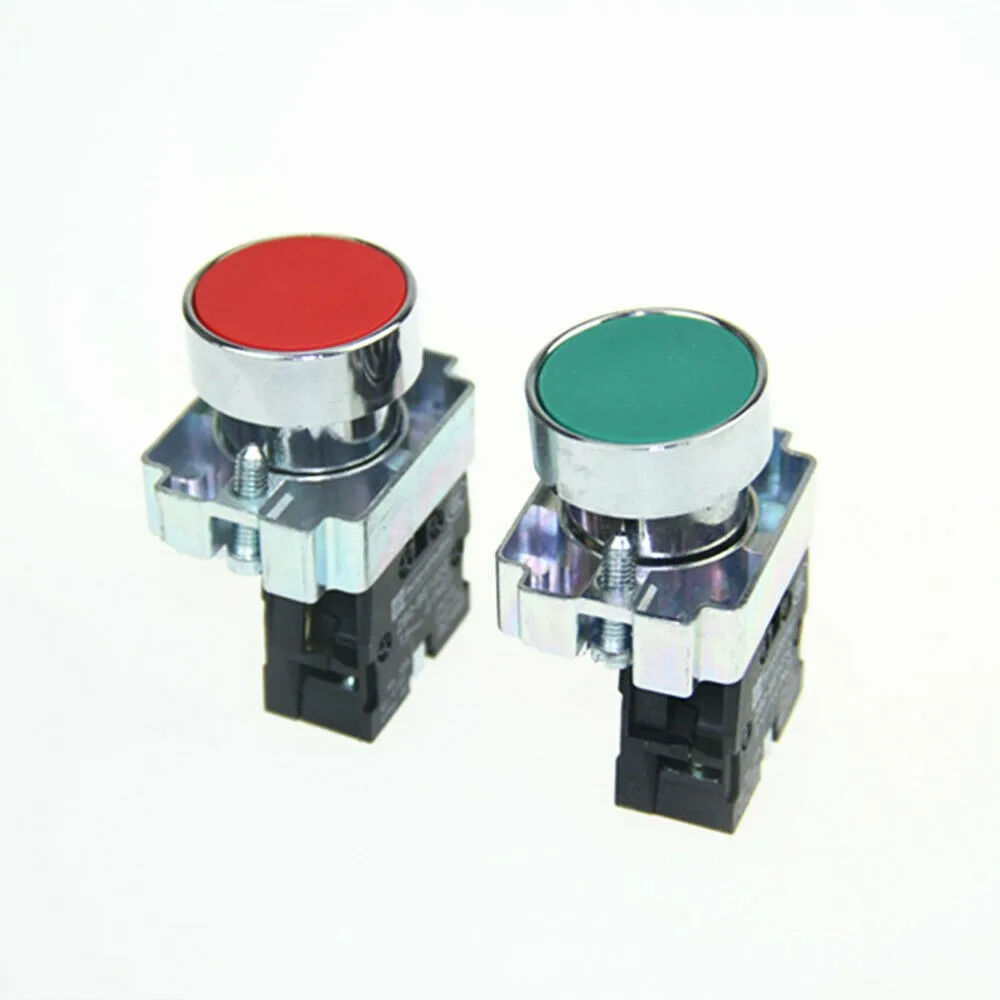 

XB2 Green Red 22MM Panel Mounting Pushbutton N/O N/C Contact Start Stop Momentary Flat Push Button Switch Self-Resetting 22mm