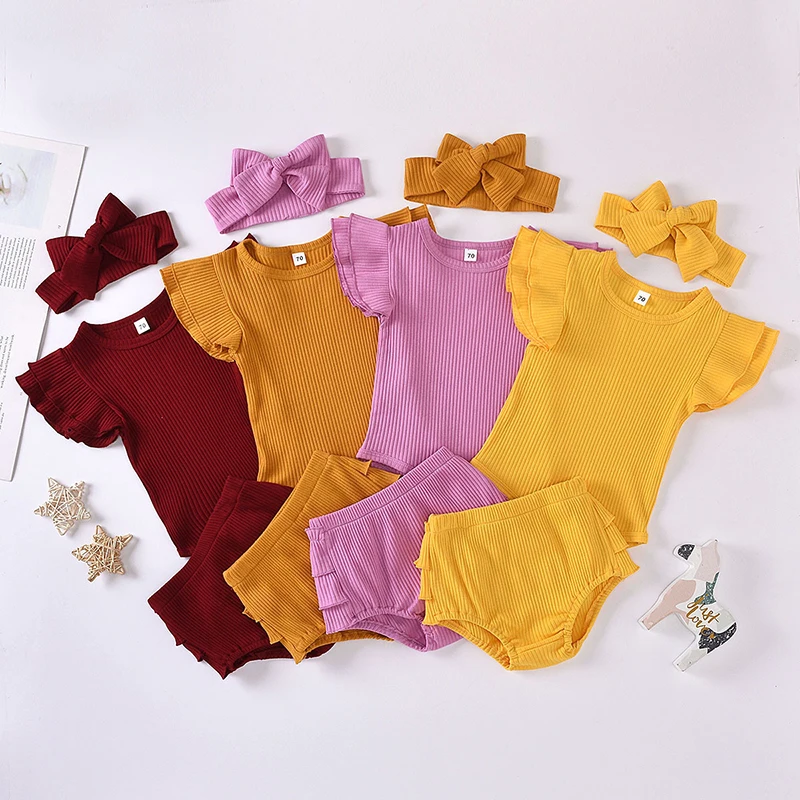 

3 шт. одежда для маленьких девочек, Повседневный милый однотонный комбинезон в рубчик с летающим рукавом и оборками, повязка на голову с бант...