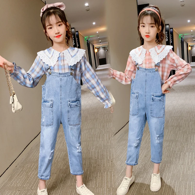 

Cute Baby Girls Sets Autumn New Lace Collar Plaid Shirts + Hole Denim Overalls 2pcs Kids Clothes Fashion Children Outfits
