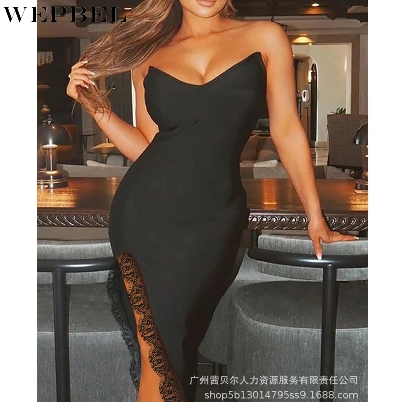 

WEPBEL Dress Women's Sexy Lace Slim Fit Patchwork Dress Autumn Elegant Backless Solid Color Strapless High Waist Slit Dress