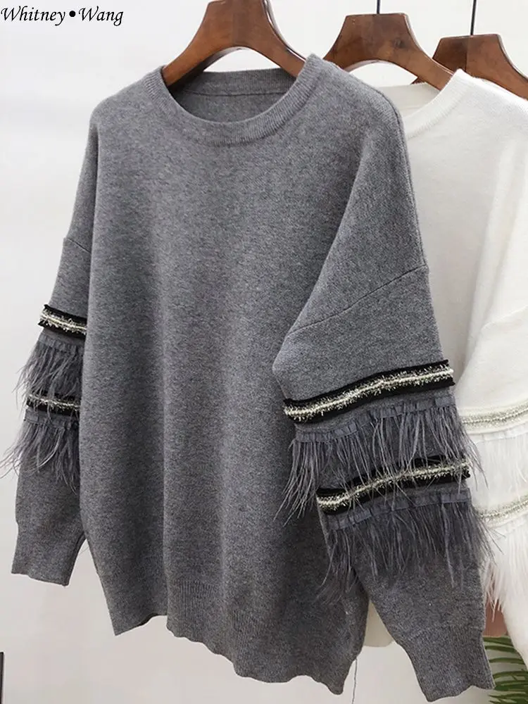 Серый WHITNEY WANG Sweaters Autumn Winter Fashion Streetwear Feathers Patchwork Sweater Women Jumper sueter mujer invierno - Цвет: Серый