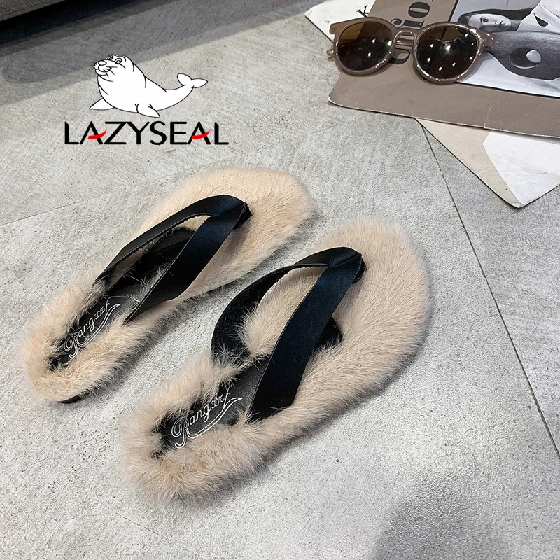 LazySeal обувь с разноцветным мехом; женские Вьетнамки; Новинка; Модные женские домашние тапочки на Плоском Каблуке; сезон осень-зима; женские шлепанцы без задника