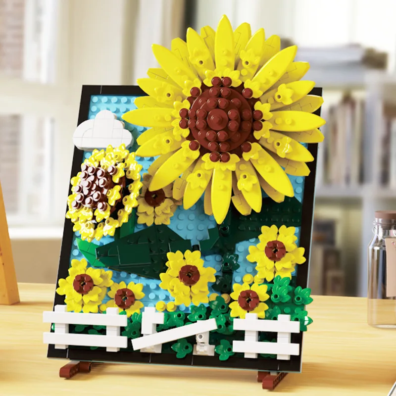 

Sunflower Building Block Decoration Portrait Bouquet Model Children Assembling Small Particle Building Block Toy Home Decoration