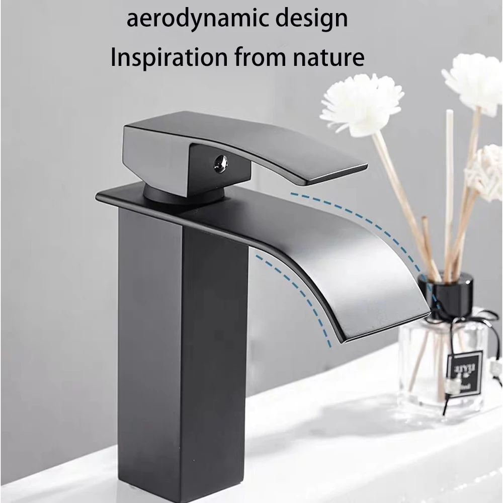 

304 Stainless Steel Black Waterfall Faucet Art Basin Opening Faucet for Hot and Cold Water Kitchen and Bathroom Accessories
