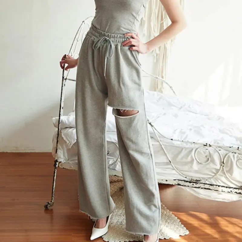 

Women High Waist Drawstring Baggy Straight Pants Solid Color Wide Leg Loose Trousers Ripped Hole Hip Hop Sweatpants Streetwear w