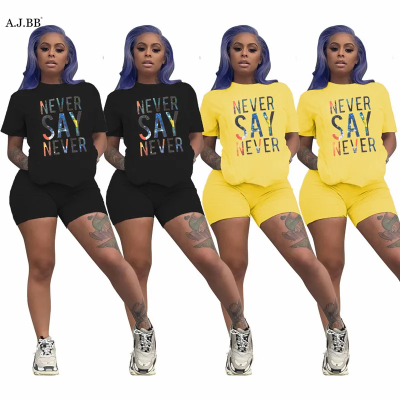 

New European casual solid print women's suit fashion loose o-neck short sleeve T-shirt and shorts two piece set