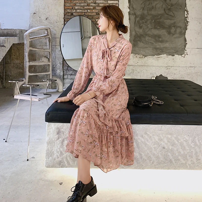 Женское платье макси элегантное шифоновое с цветочным рисунком осеннее бантом