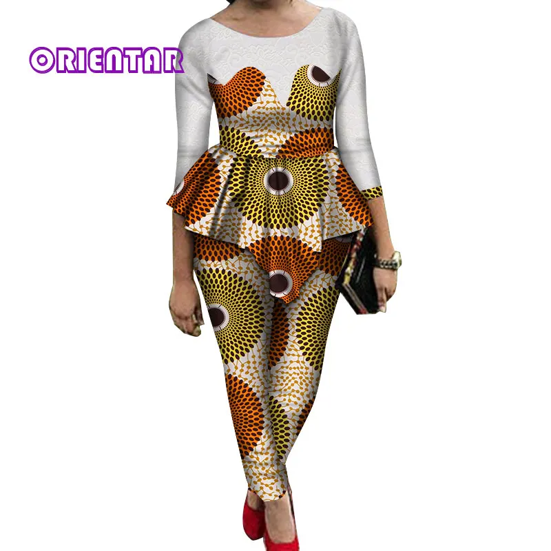 14 2 Pieces Sets Women African Pants Sets African Wax Print Long Sleeve Lace Tops and Pants Women Bazin Riche African Suits WY689 - Цвет: 14