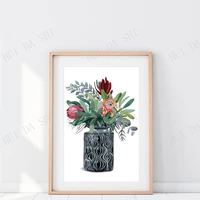 proteas and australian native flowers in west german vase watercolour wall art print mid century pottery botanical