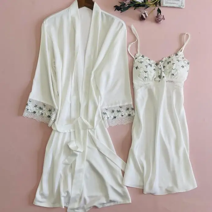 

Кружевной Женский стильный сексуальный халат, одежда для сна, атласное свободное свадебное нижнее белье для невесты, 2 шт., свободное интимн...