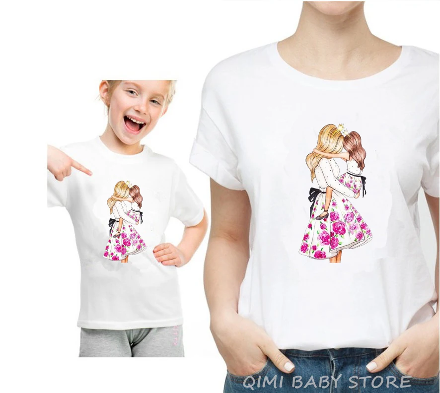 A6-White Fashion Mom And Daughter Harajuku White Tshirt Parent-child Clothing Casual Lovely Short Sleeve Women T shirt O-Neck Tees - Цвет: A6-White