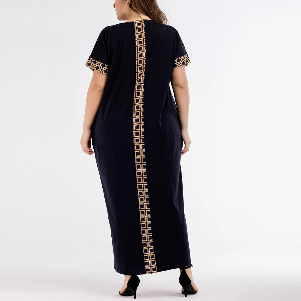 Женское платье-макси с круглым вырезом и коротким рукавом большого размера |