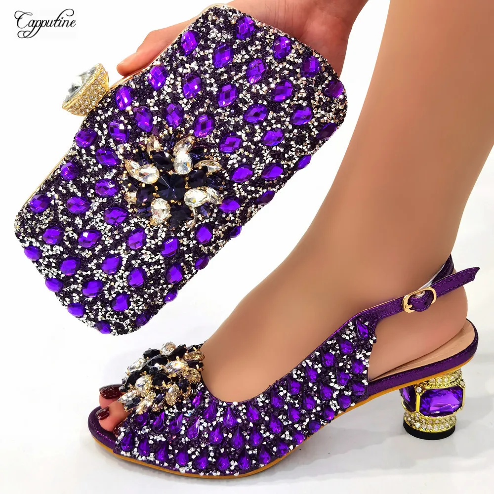 

Туфли женские на высоком каблуке 6 см, босоножки с сумочкой, итальянские туфли-лодочки, сумочка для вечерние в Нигерии, фиолетовые, CR786