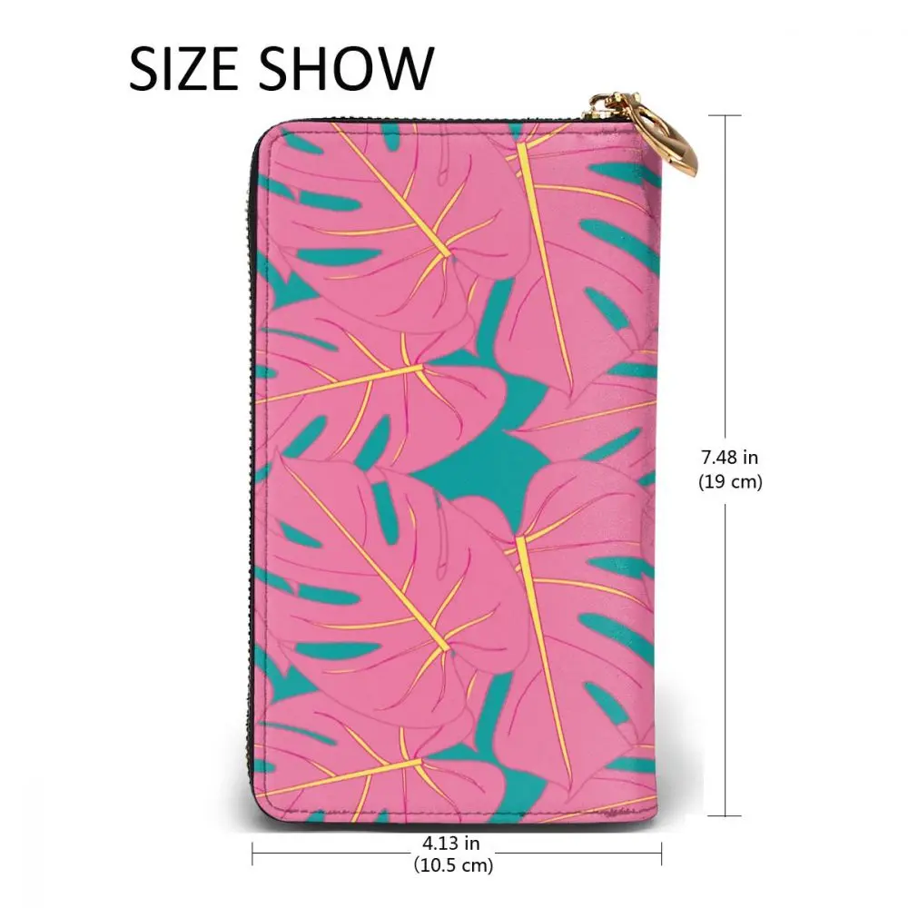 

Pink Palm Patterns Leather Long Wallet for Credit Card Holder Clutch Bags Unisex Leather Large Capacity