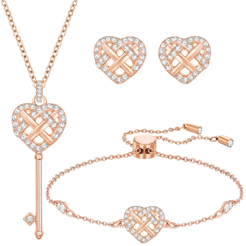 

Fashion Jewelry High Quality SWA Charm Elegant Spiral Woven Heart Shape Pink Lock Pendant Necklace Female Romantic New Year Gift