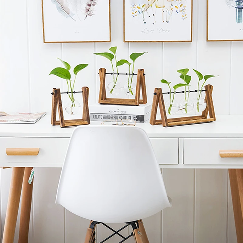 Hot Sale Glass And Wood Vase Planter Terrarium Table Desktop Hydroponics Plant Bonsai Flower Pot Hanging Pots With Wooden Tray | Дом и сад