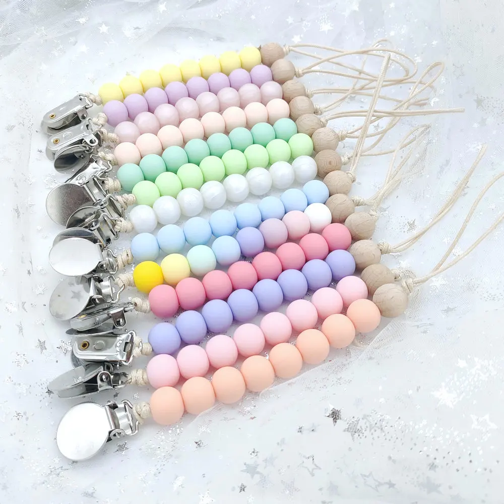 BPA Free Pacifier Clips Chain Food Grade Silicone Beads DIY Dummy Stainless Steel Pacifier Clip Holder Baby Teething Toys