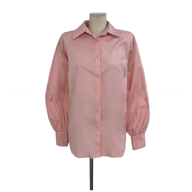 

Women's Spring Autumn Blouses French Solid Color Lapel Single-breasted Top New Loose Versatile Lantern Sleeve Female Tops GX394