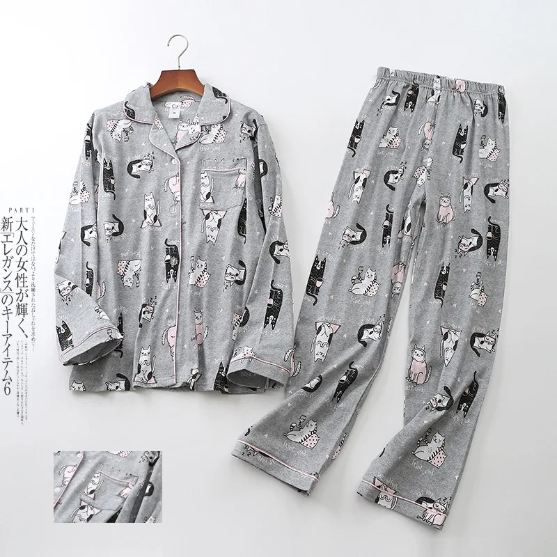 

Ladies Cartoon Cat Pajamas Set Knitted Cotton Homewear Women Autumn Winter Pyjamas Turn-down Collar Pijama Loungewear Sleep Wear