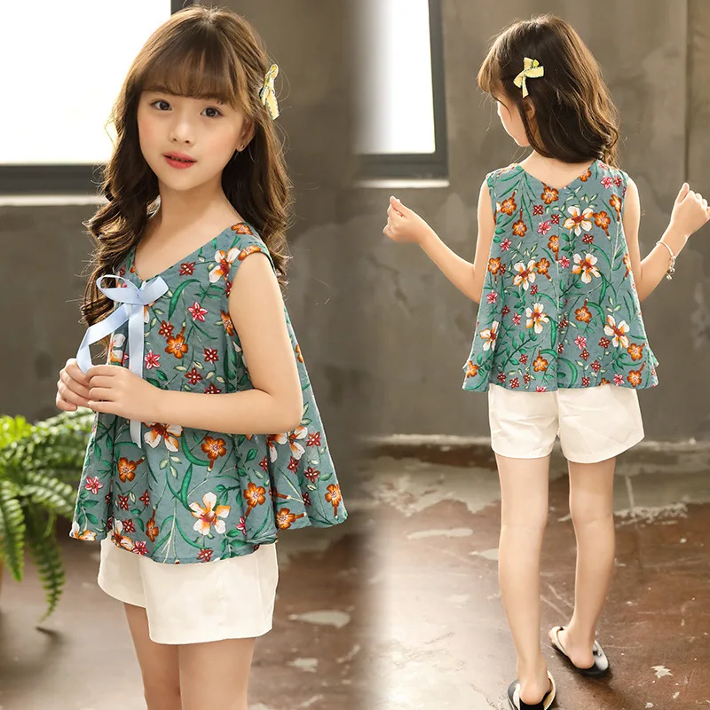 

Clothes For Girls floral print Vest + Shorts Suit Summer Princess Outfits For Girls Kids Girls Clothing Set 3 5 7 9 10 12 Years