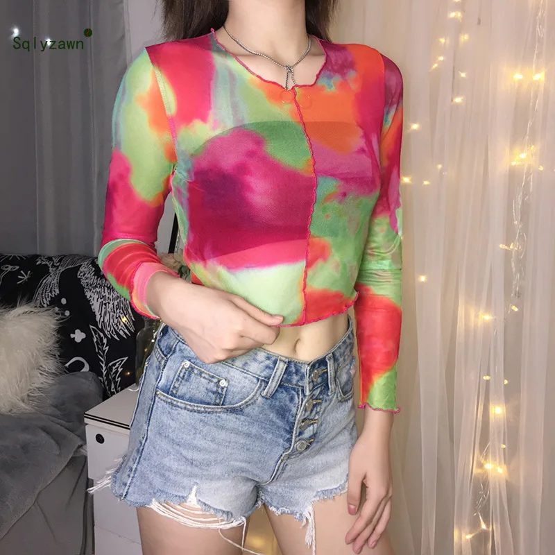 Женские в цветные кадраты Прозрачная сетка короткий топ сексуальный уличная