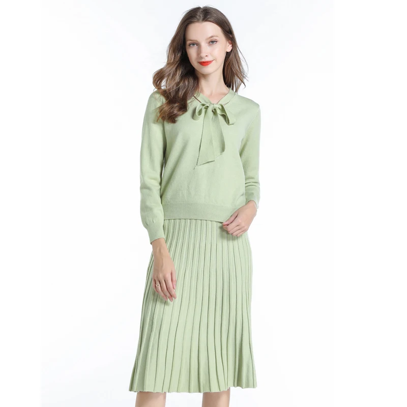 

Женский трикотажный костюм, элегантный Однотонный свитер + юбка, комплект из 2 предметов с длинным рукавом, зима Пуловеры и юбка