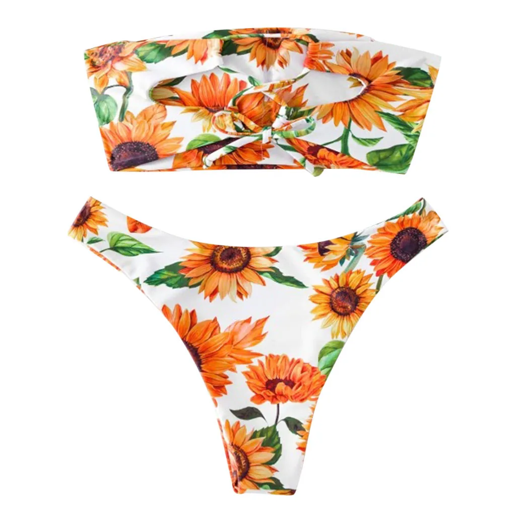 Женский милый купальник-бикини с цветочным принтом топ и низ комплект бикини из