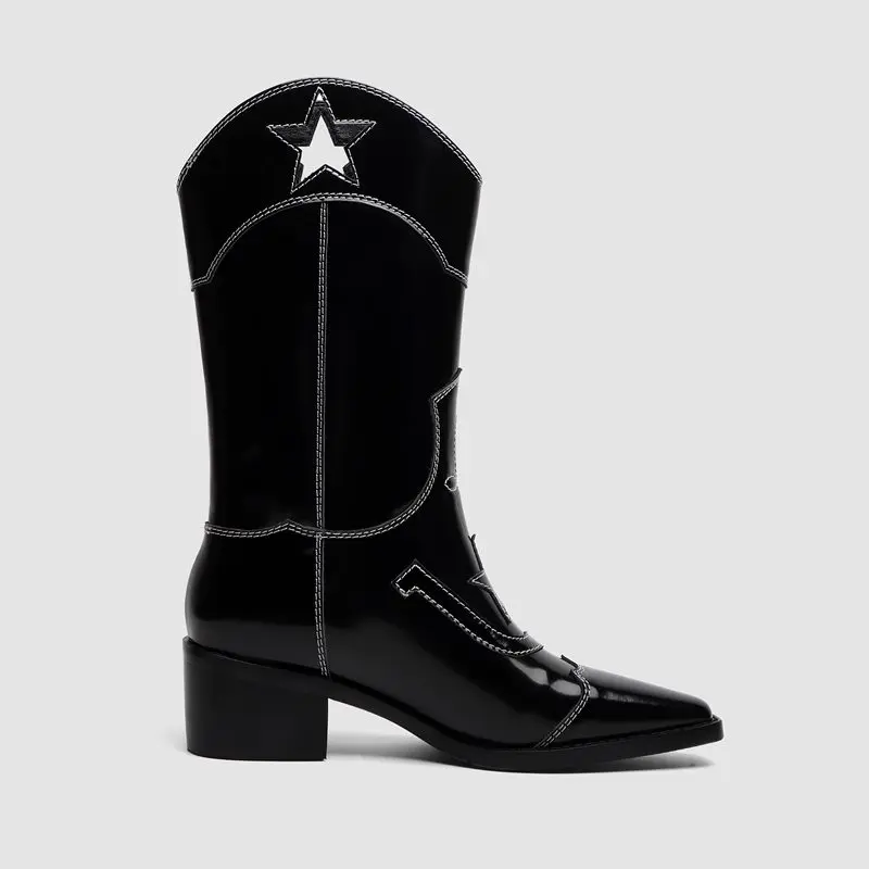 

EGONERY Woman Western Boots Genuine Cow Leather mid-calf Boots Fashion Winter Star Print 5cm Heels women's Shoes Drop Shipping