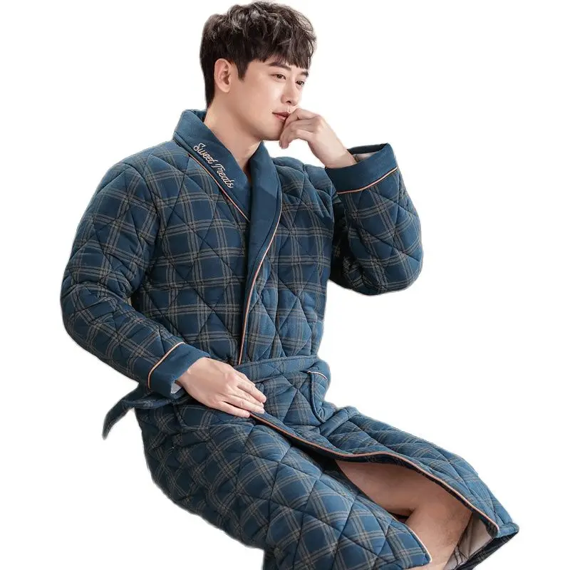 Men Three Layer Cotton Robe Winter Thick Warm Men Nightgown Long Sleeve Loose Soft Male Home Wear Bathrobes