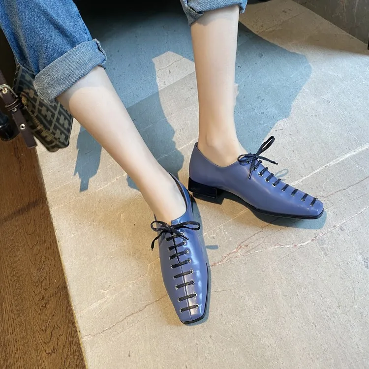 

Женская обувь 2021 квадратный носок лоферы; Квадратный каблук; Ботильоны из натуральной кожи на шнуровке; Весенне-Осенняя обувь для Женские; р...