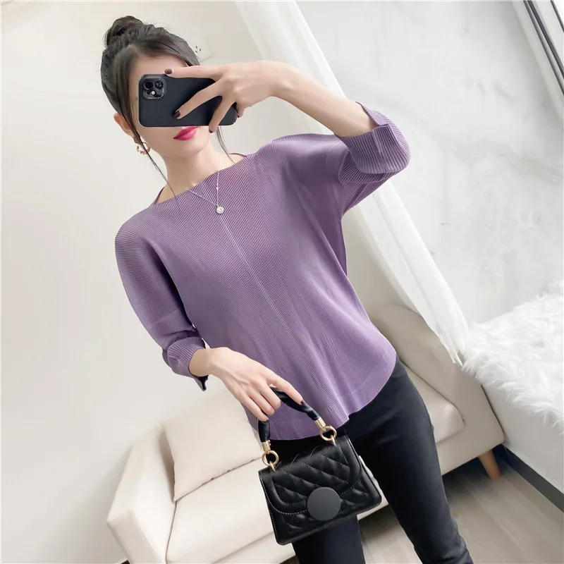 

Pleated Tops 2021 Autumn New Double Folded Three Quarter Sleeves T Shirt Loose Casual All-match Solid Color Basic Tees