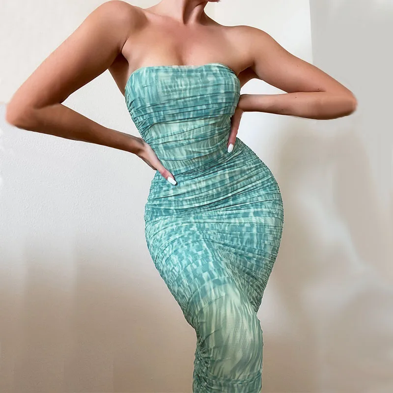 

Strapless Print Ruched TIE DYE DRESS For Women Sexy Sleeveless Tube Dresses Ladies Streetwear Backless Elasitc Mesh Vestidos