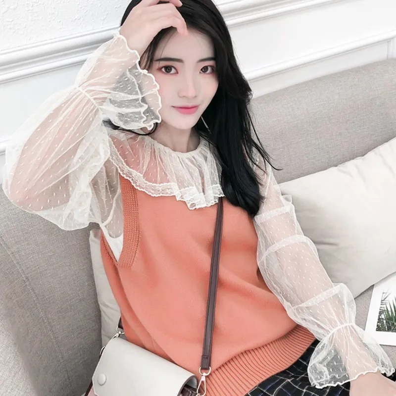 

Early Spring Korean Style Fashion Loose Cute Doll Collar Long Sleeve Lace Mesh Bottoming Top T-Shirt