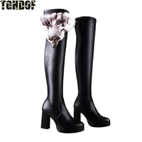 punk style spring autumn and winter womens stretch boots high heeled long tube womens boots leather fox fur decoration 2021