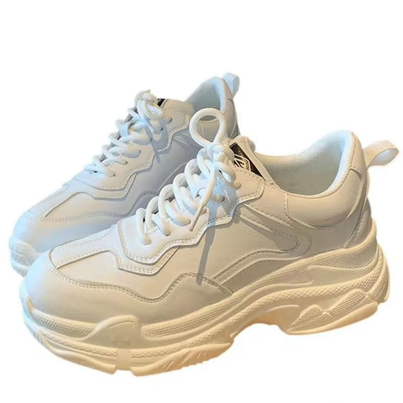 Модная женская обувь белого цвета Женская на толстой подошве со шнуровкой