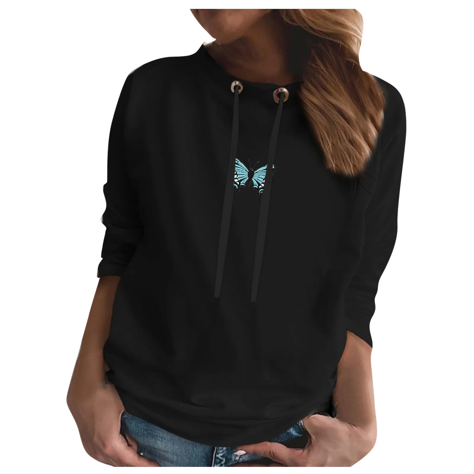 

Women Butterfly Print Hooded Sweatshirt Autumn Winter Casual Long Sleeve Graphic Hoodies Female Drawstring Pullovers Tops