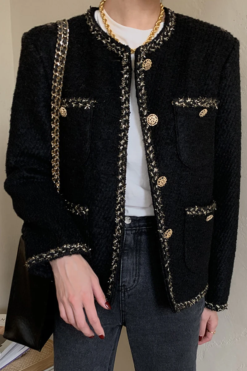 

Sannian Women Jacket Fall Round Neck Trim Design Single Breasted Loose Multi-pocket Long Sleeve Woolen Coat Women Clothes Tops